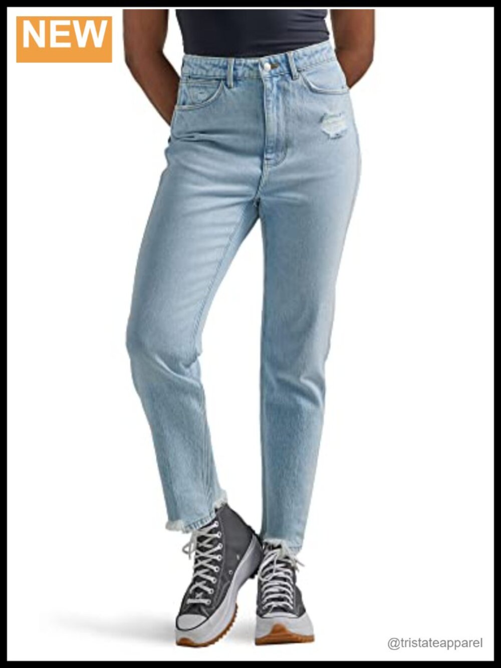 High Rise Tapered Mom Jeans Stretch Denim Five Pocket